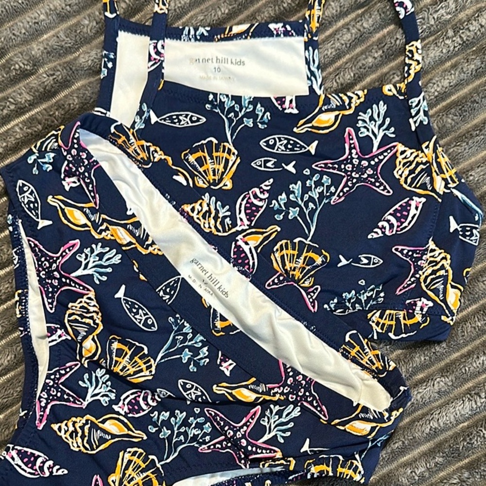 Garnet Hill Kids Bikini Set 10 top/12 bottom- Navy w/Multicolor Sea Life Print